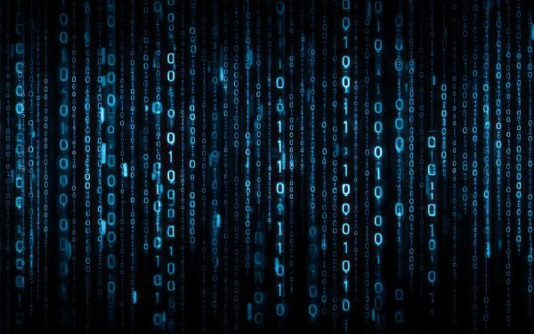 Digital rain of blue binary code cascades down a dark background.